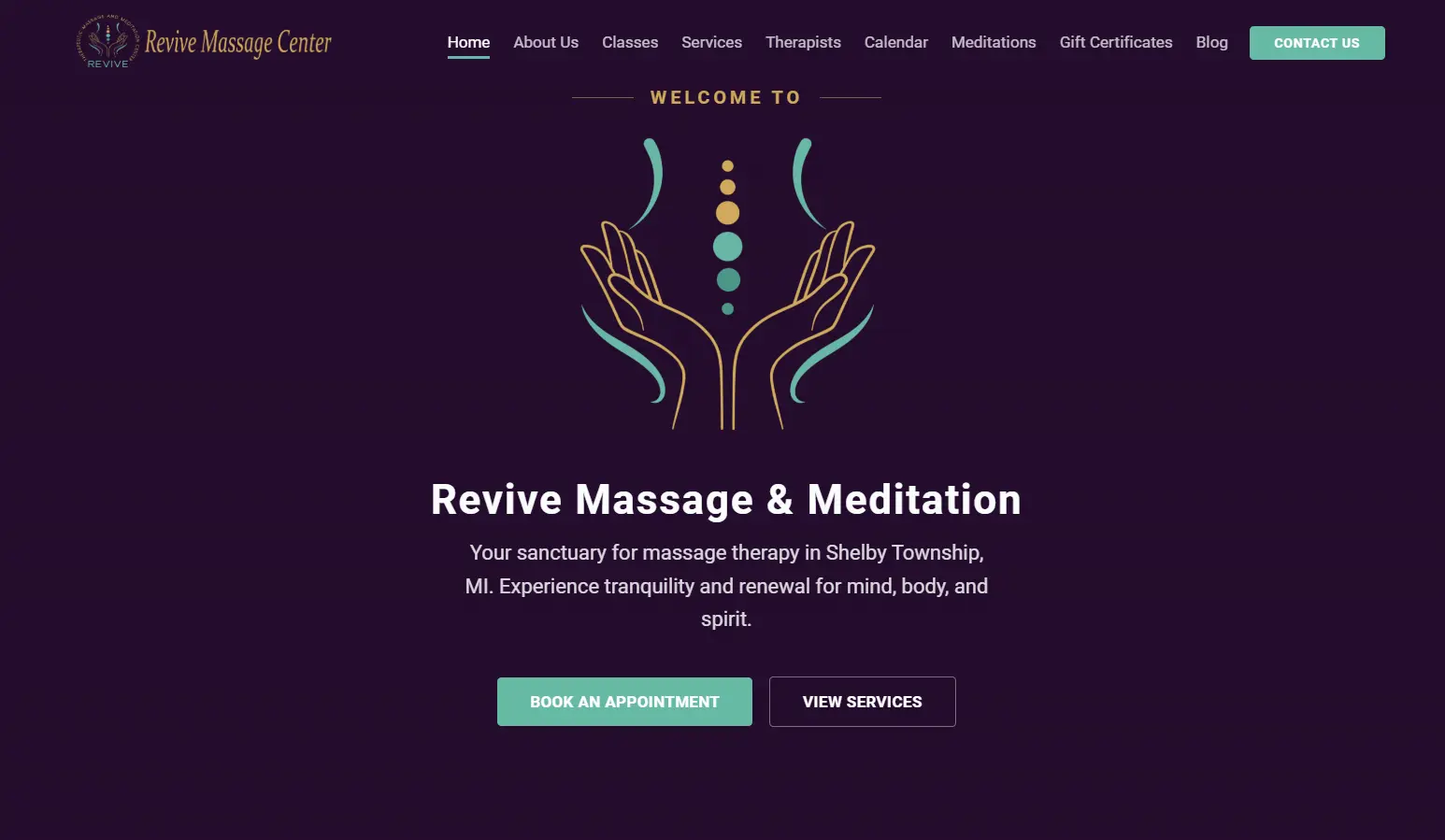 Homepage of the Revive Massage and Meditation website