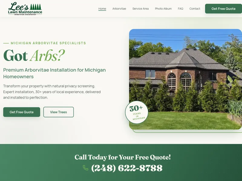 Homepage of the Lee's Lawn Maintenance arborvitae website